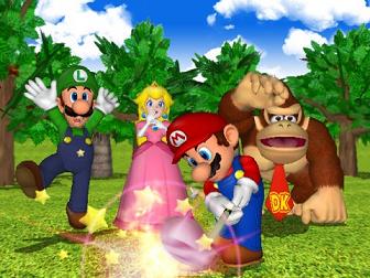 De rest kijkt toe terwijl Mario zijn powerslag maakt.