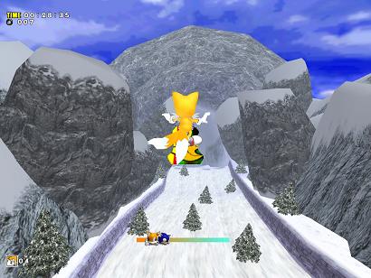 Dit lijkt op Sonic Riders! Onderin zie je een balkje waar je kunt zien waar jij en Sonic Zijn. Dat is handig, want in Tails levels moet je sneller dan Sonic zijn!