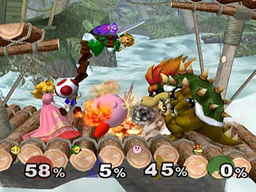 At the bottom of the screen, you can see the percentage of damage each character has taken; as the percentage increases, it becomes easier to knock that opponent off.